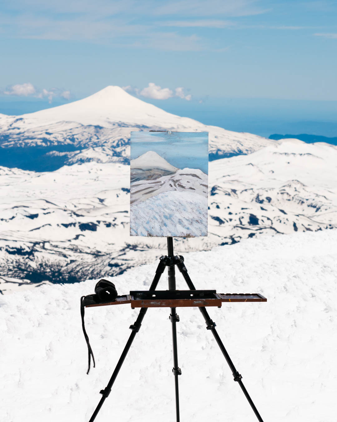 Cumbre volcán Lanín en plein air, landscape, oil painting, outdoor painting, painting, paisaje, pintura, plein air, plein air painting